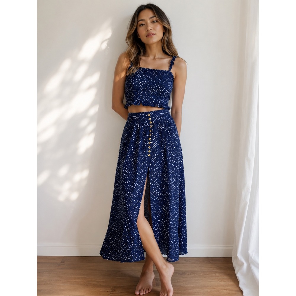 SHEIN Womens Navy Blue Polka Dot Two Piece Set Smocked Crop Top Maxi Skirt Small